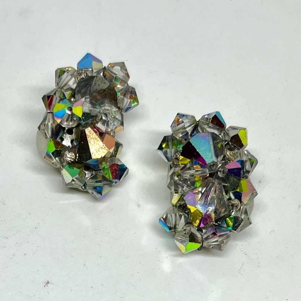 Vintage Aurora Borealis Cluster Clip On Earrings